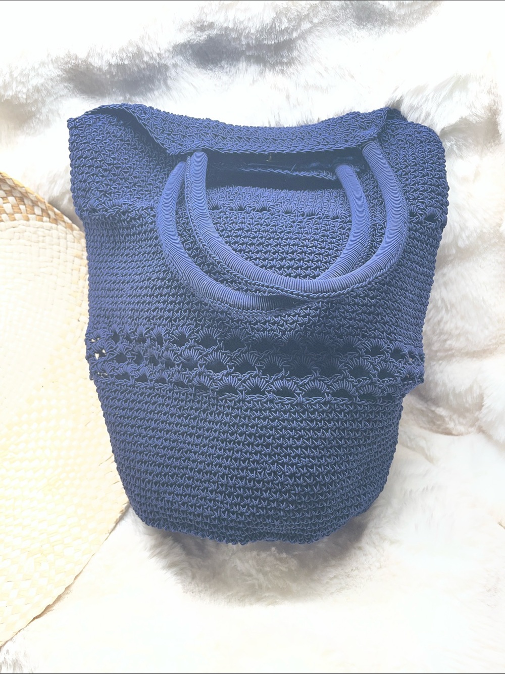 Navy Crochet Tote Bag with Top Handles
